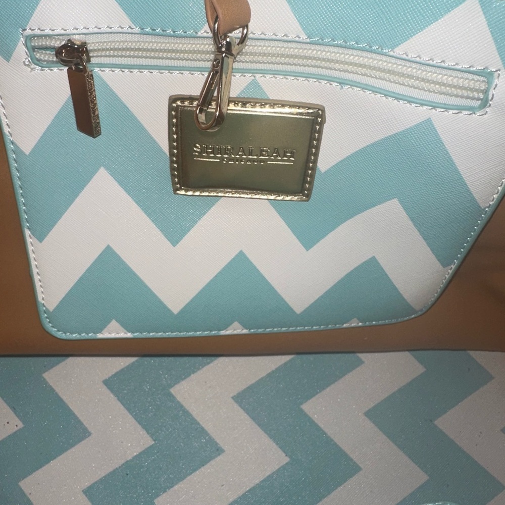 Shiraleah Blue and White Chevron Tote Bag with Metallic Accents
